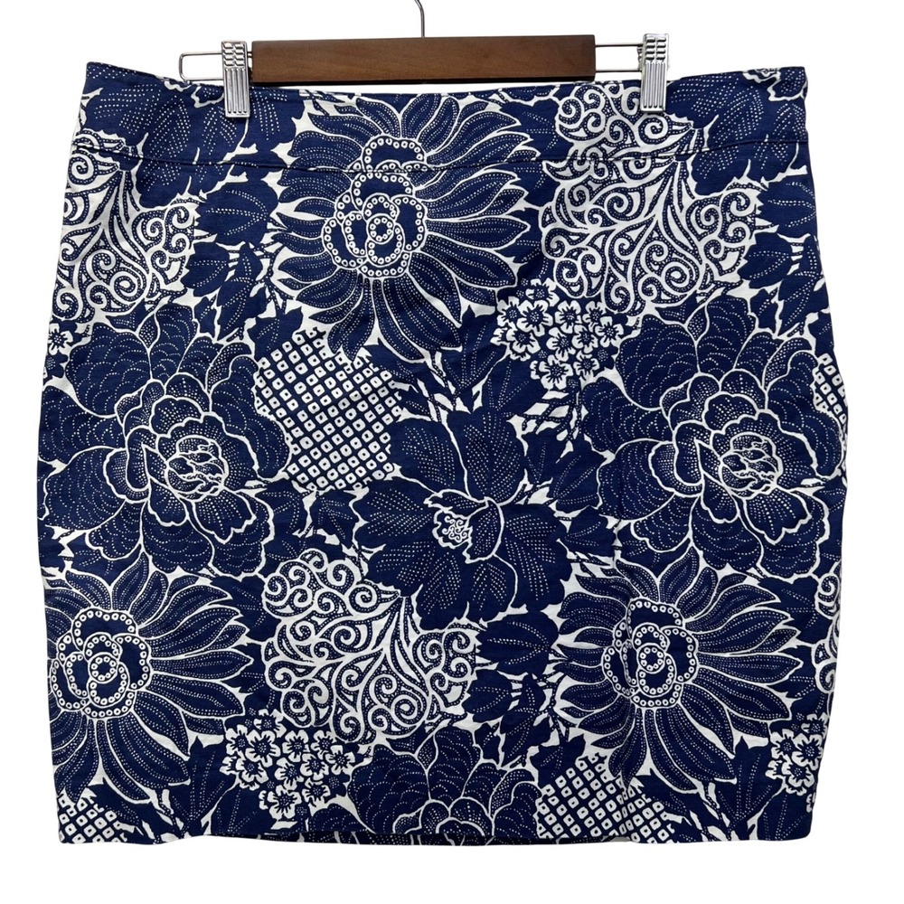 Talbots Floral Pencil Skirt Women 18 Navy Blue White Cotton Stretch Side Zip